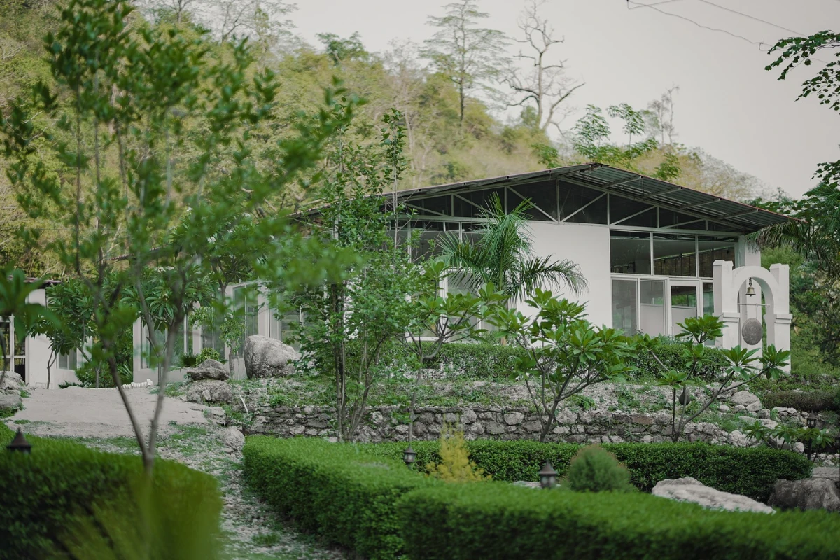 Relaxing in Adhiroha’s cozy cafe with herbal tea and serene views