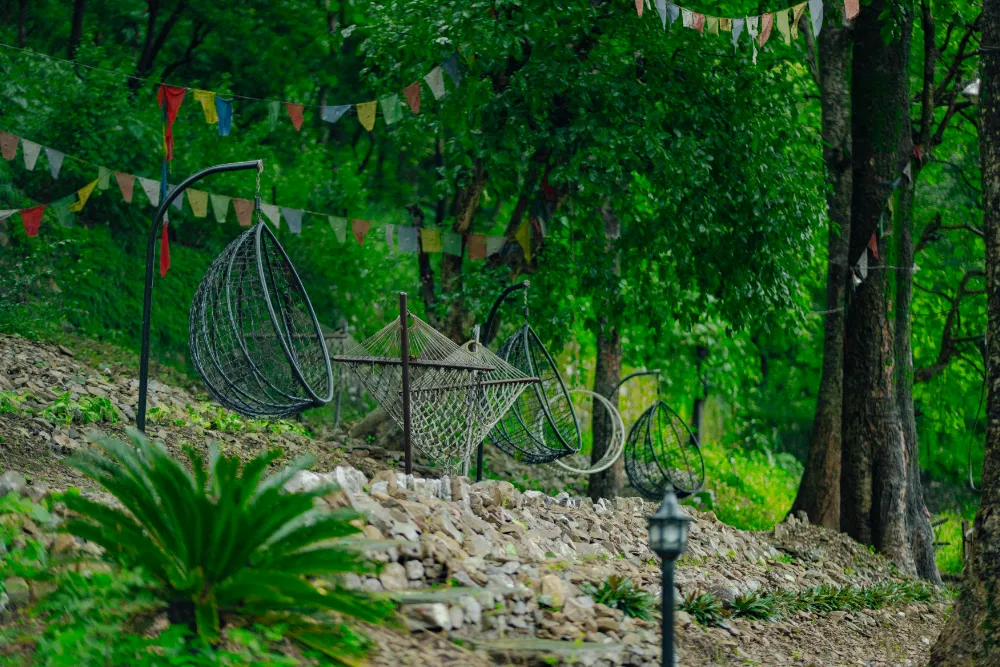 Forest path with prayer flags inside the Adhiroha yoga ashram campus in Rishikesh