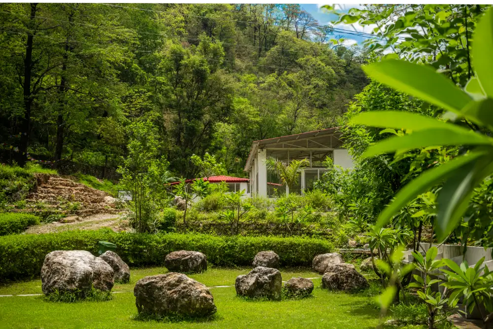 The quiet zen garden with river rocks and green lawns