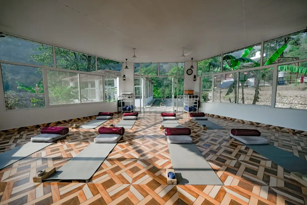 Inside the 360-degree forest-view shala with glass walls opening onto green