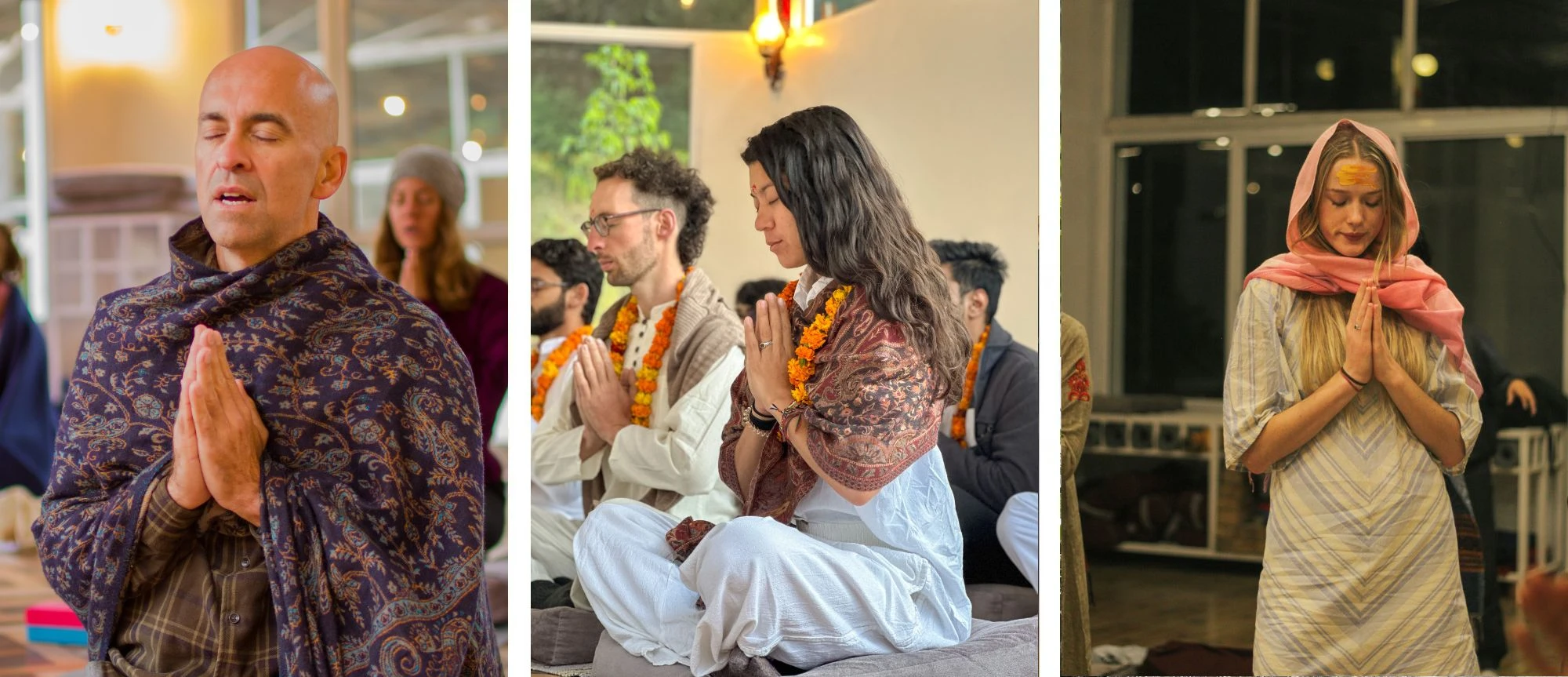 Meditation, mantra and satsang moments inside the Adhiroha yoga shala in Rishikesh
