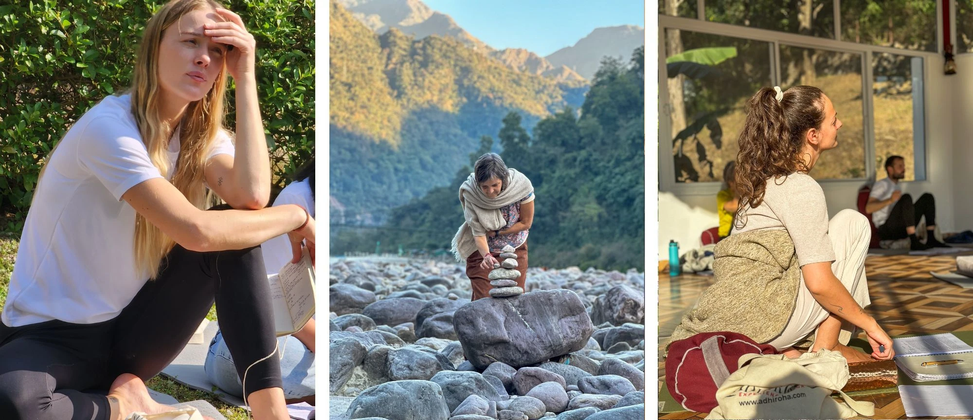 Adhiroha students in quiet reflection by the river and in the shala after their yoga teacher training