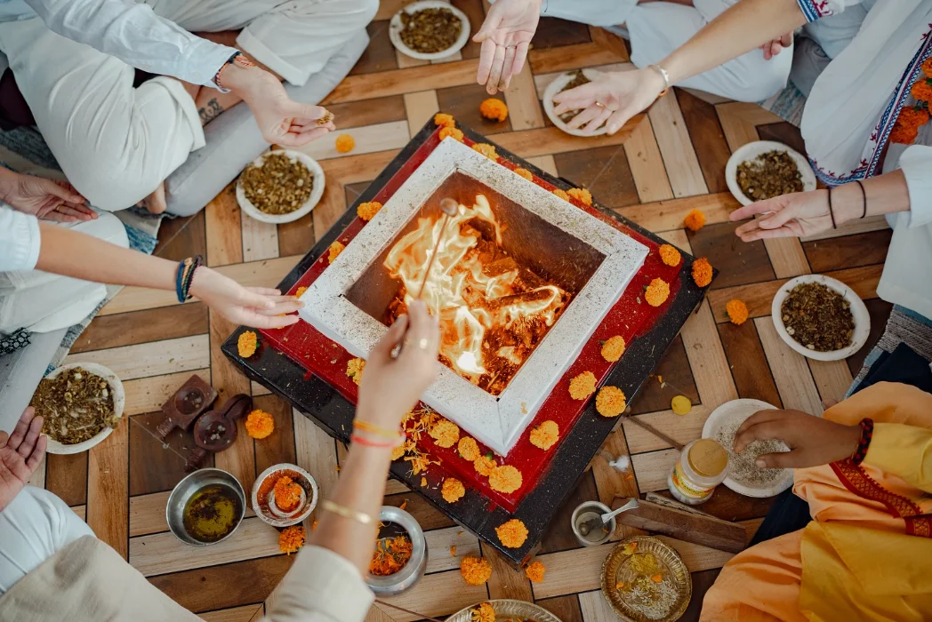 A traditional ceremony laid out with fresh offerings