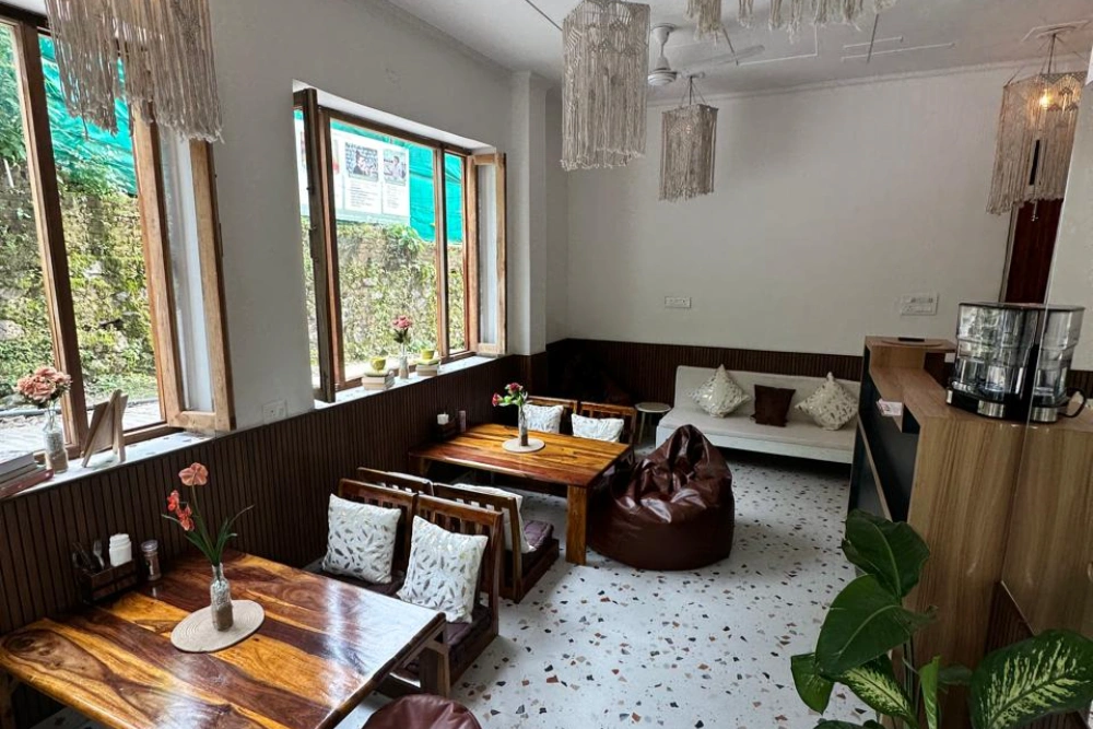 Warm seating corners inside the ashram cafe