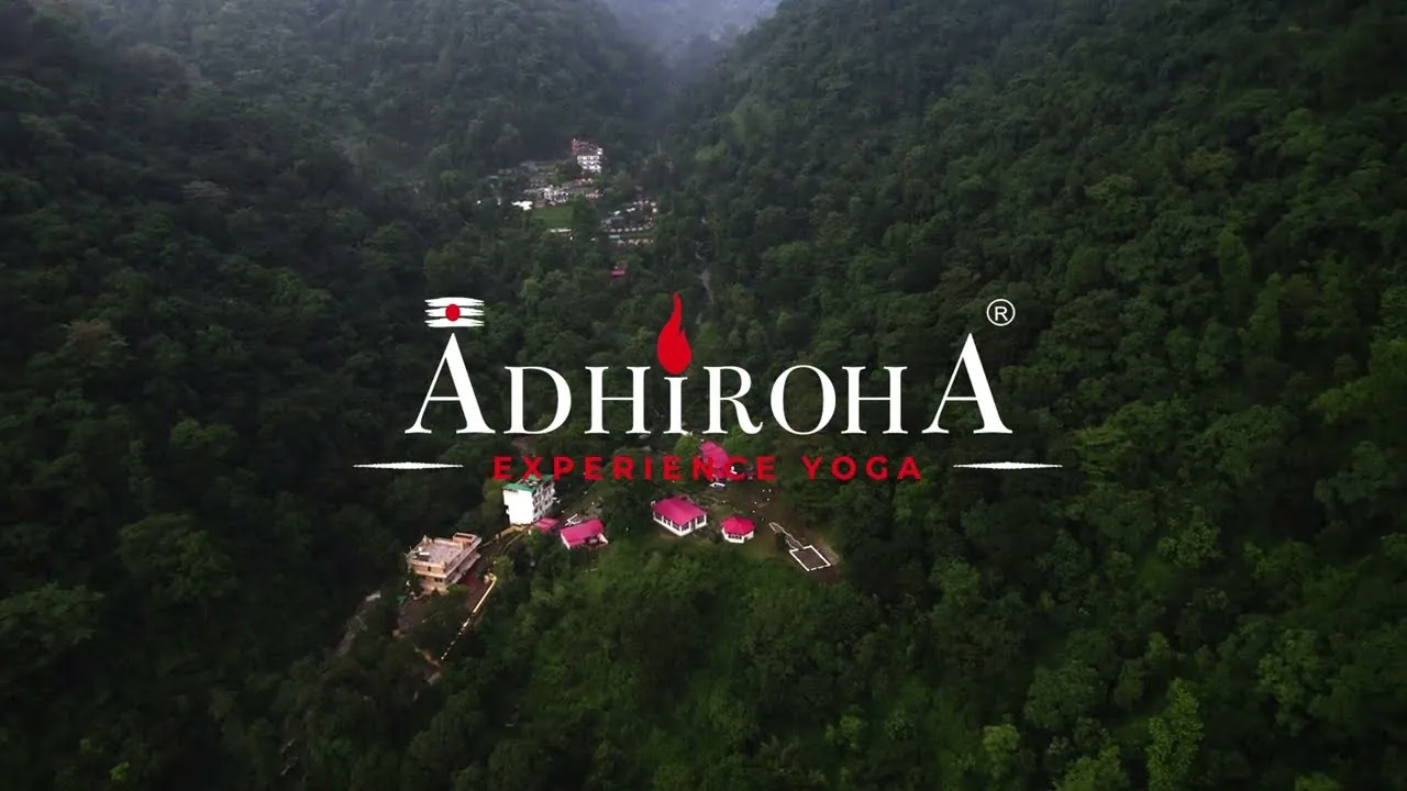 Aerial view of the Adhiroha yoga ashram in the forested hills of Upper Tapovan, Rishikesh