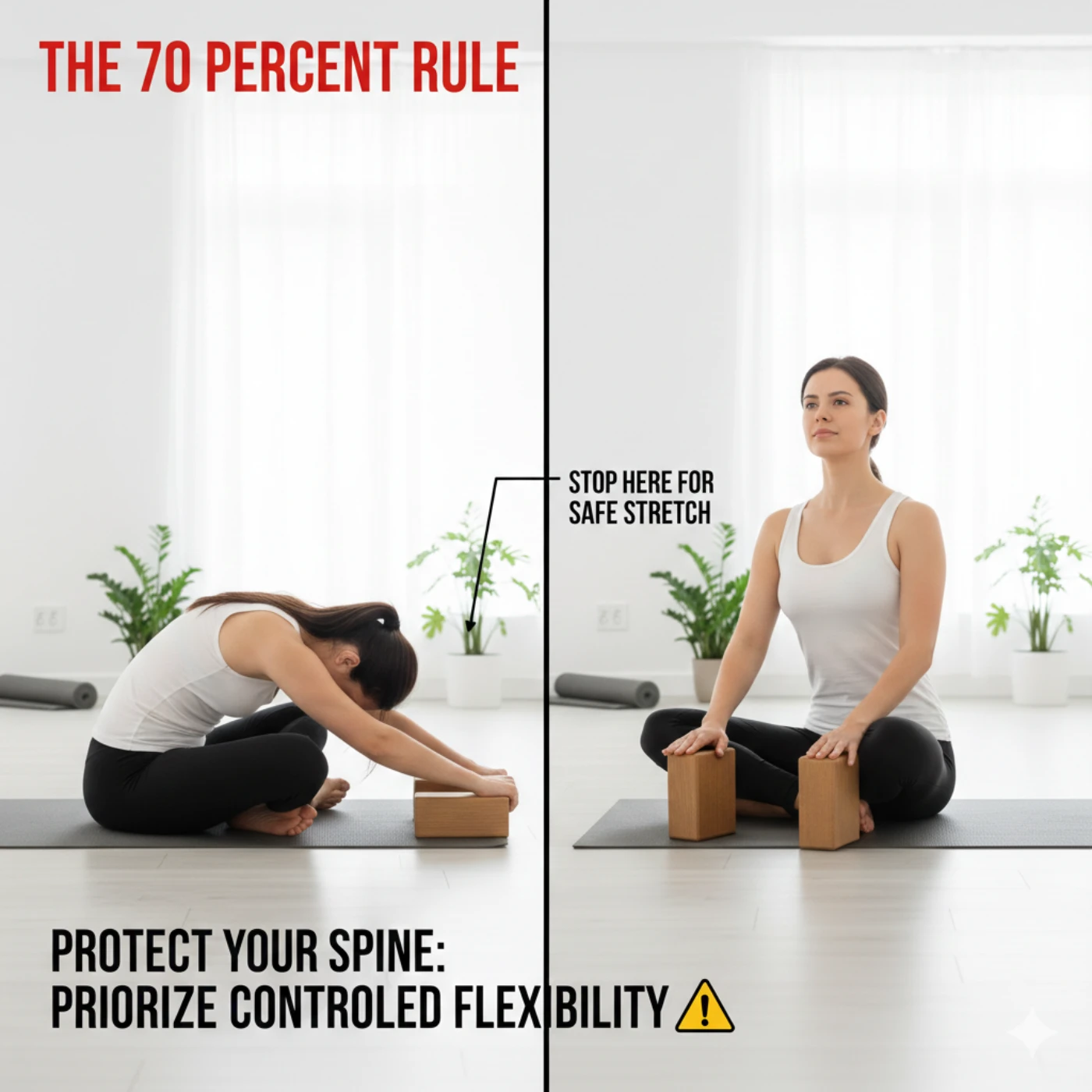 Avoiding over-stretching in yoga showing 70 percent rule for safe practice range with back pain and flexibility guidelines