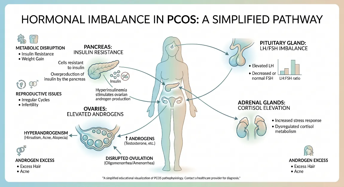 Diagram showing hormonal imbalance in PCOS including elevated androgens, insulin resistance and disrupted LH FSH ratio