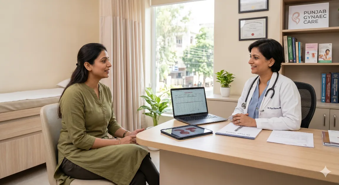 Woman consulting with doctor for PCOS management alongside yoga
