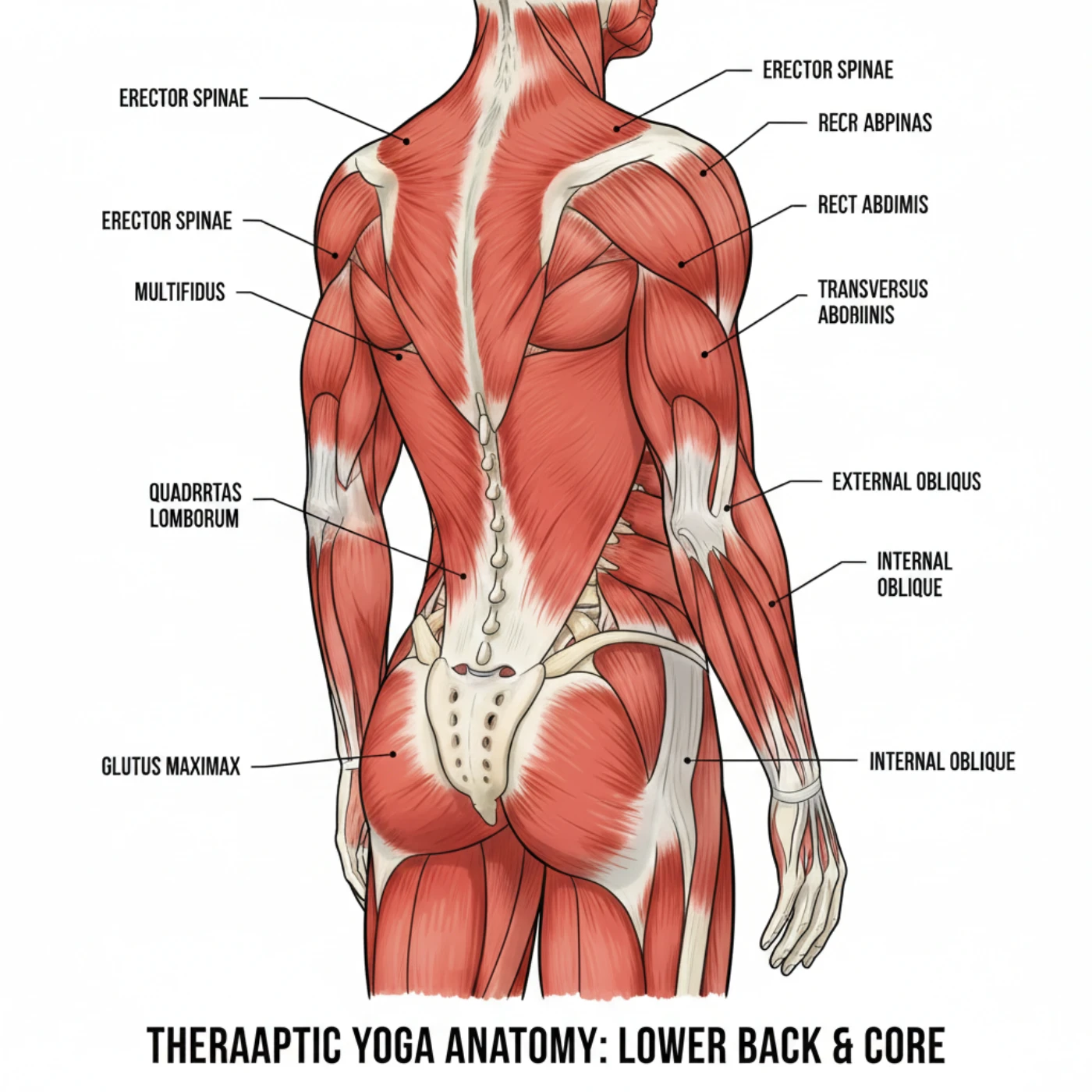 Anatomical diagram highlighting erector spinae multifidus and core muscles activated during yoga poses for back pain