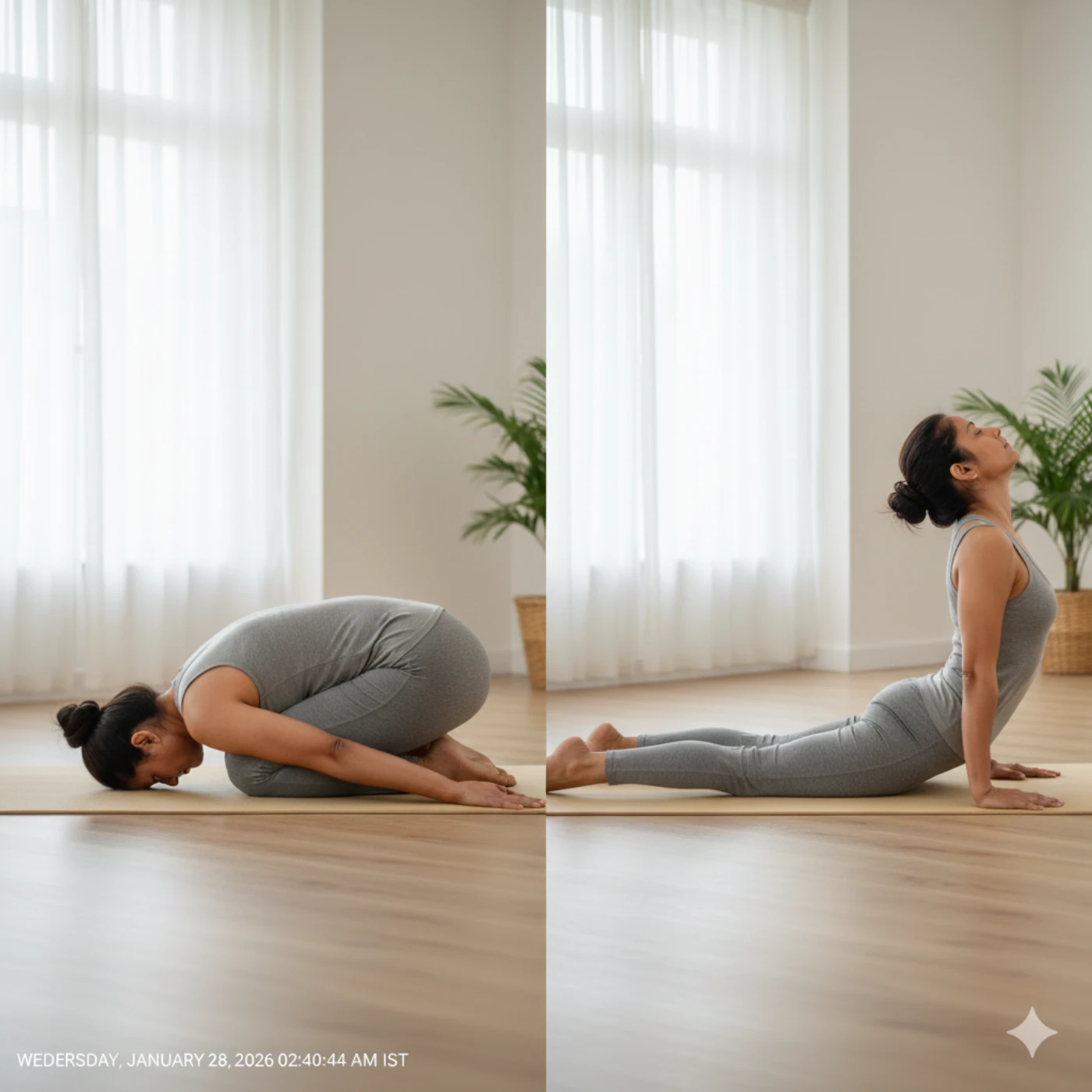 Side-by-side comparison showing forward bend child's pose and backward bend cobra pose for balanced back pain relief