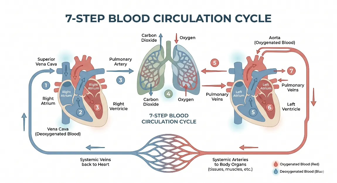 Diagram illustrating the 7 steps of blood flow through the heart, lungs, and circulatory system