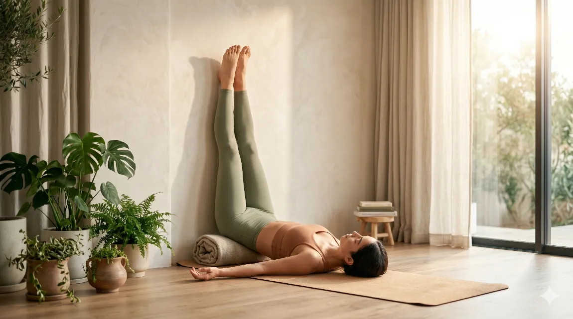 Woman practising Legs Up the Wall pose for better blood circulation