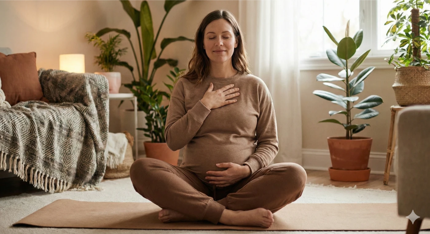 Expecting mother demonstrating proper breathing technique in prenatal yoga with hand on chest and belly for breath awareness during pregnancy