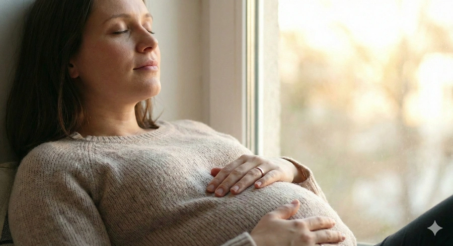 Expecting mother practicing conscious pregnancy breathing technique with hands on belly showing proper breath awareness and relaxation for prenatal wellness