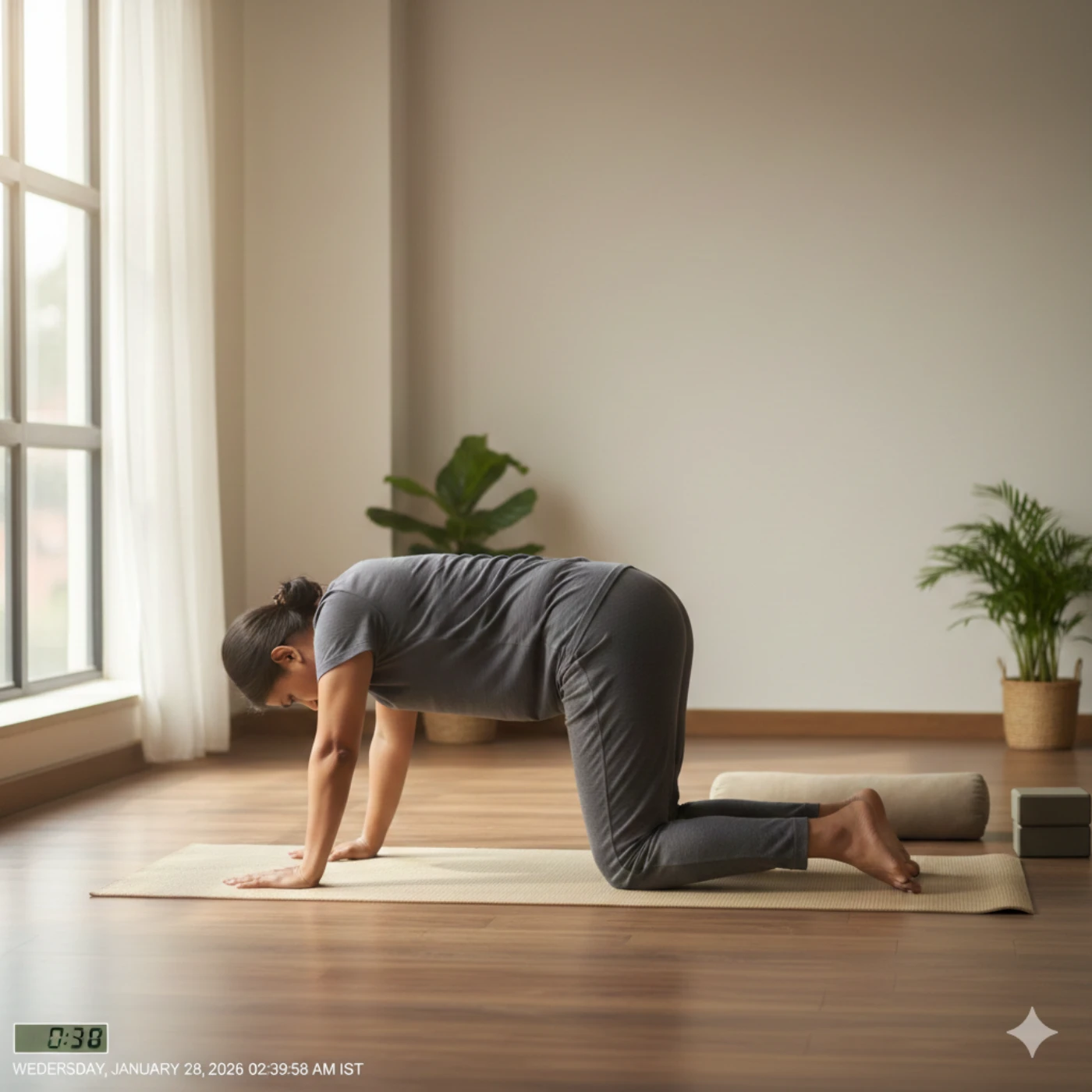 Person performing cat-cow pose on yoga mat demonstrating spinal flexibility for lower back pain relief