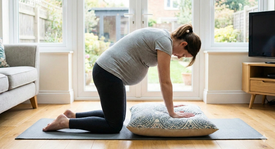 Expecting mother performing modified cat cow pose for pregnancy back pain relief with proper support and gentle spinal flexion technique