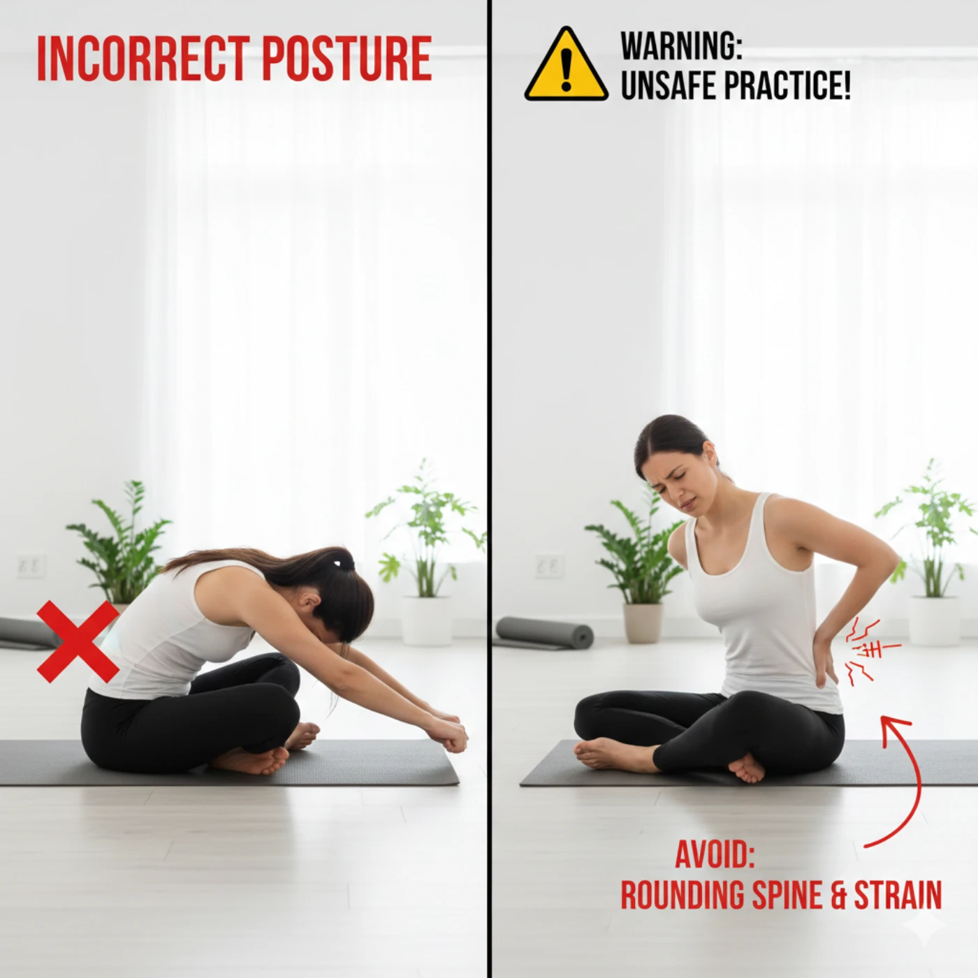 Common yoga mistakes with back pain showing dangerous practices to avoid including pushing through pain and skipping warm-up