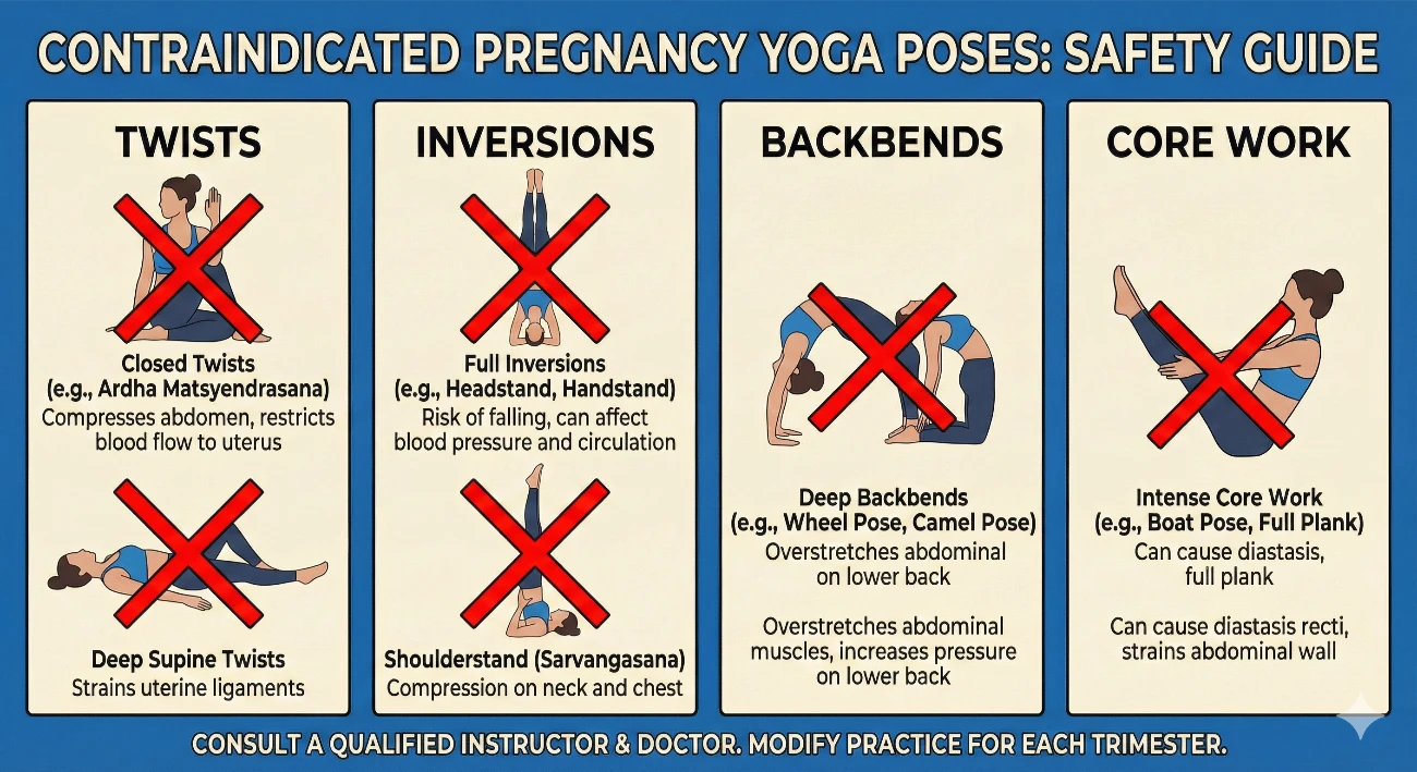 Comprehensive pregnancy yoga contraindications chart displaying poses to avoid during prenatal practice with clear safety warnings and category classifications