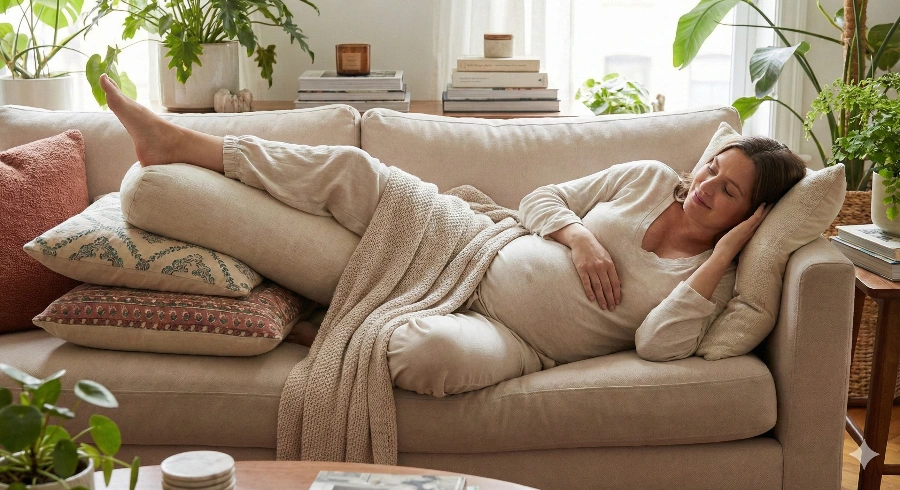 Expecting mother in gentle legs elevated side lying pose for pregnancy fatigue relief with proper cushion support and relaxation technique