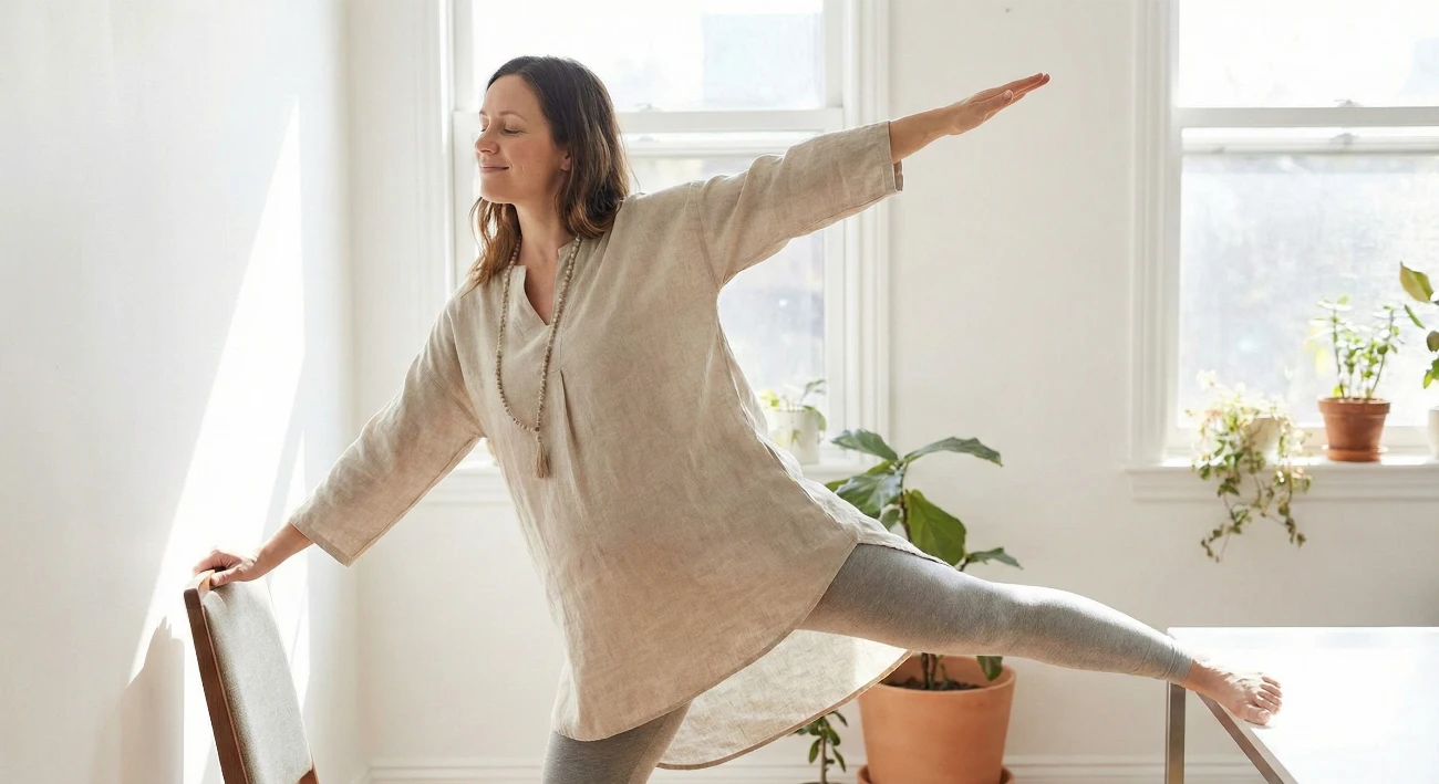 Woman in first trimester practicing safe modified warrior pose with wall support demonstrating proper pregnancy yoga alignment for early pregnancy