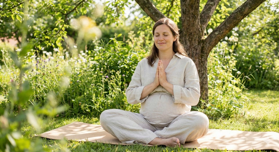 Expecting mother practicing grounding meditation for emotional balance during pregnancy showing proper seated posture and mindful presence technique