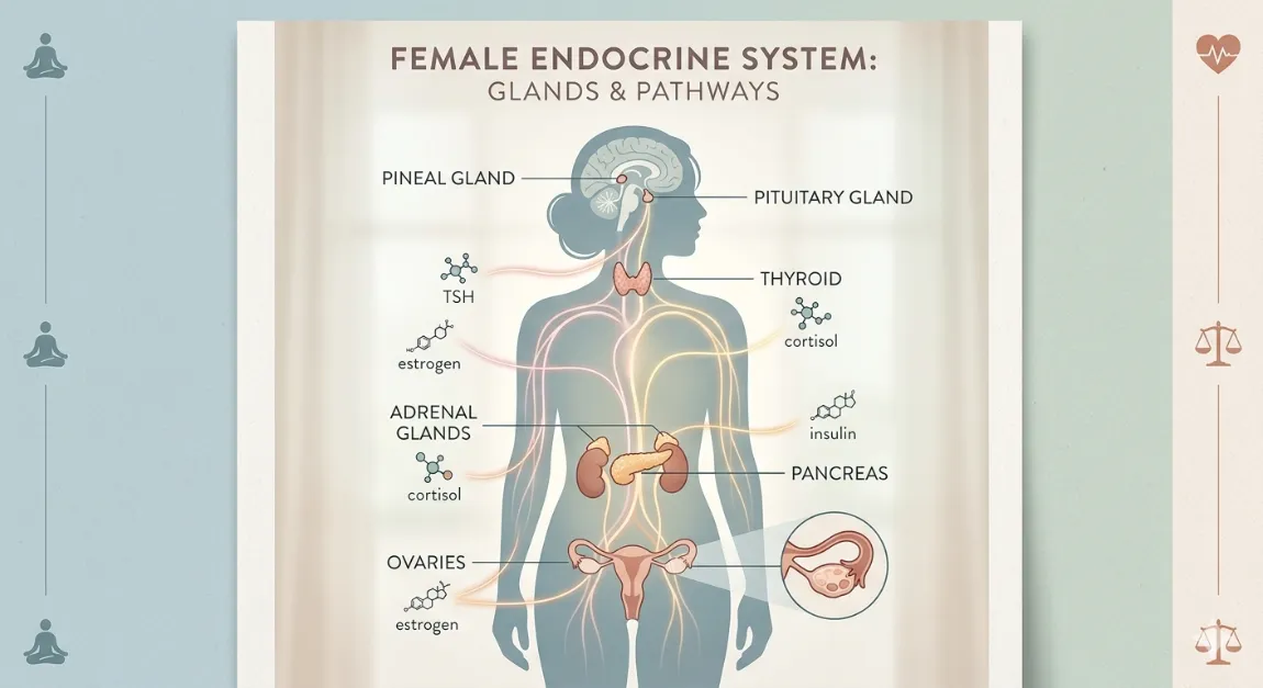 Diagram of the female endocrine system showing glands and hormone pathways