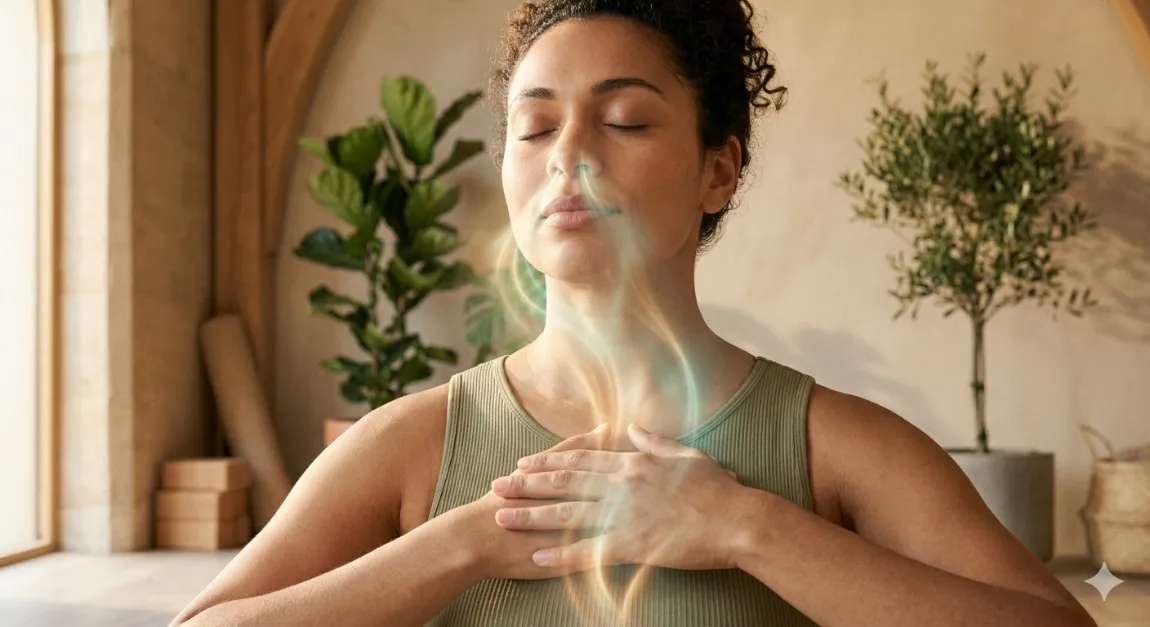 Woman practising breathwork with hands on heart for hormonal balance