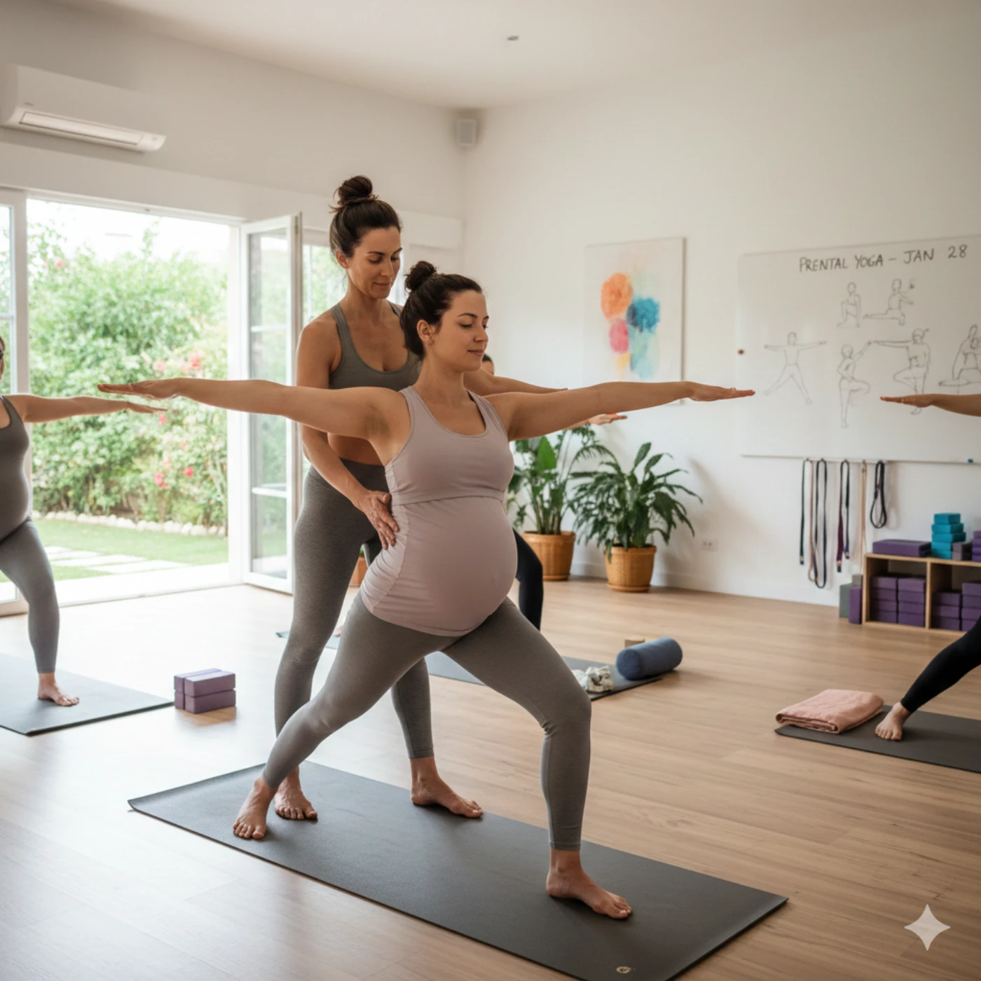 Certified prenatal yoga instructor demonstrating safe pose modification for pregnant student with hands on guidance and proper alignment cues