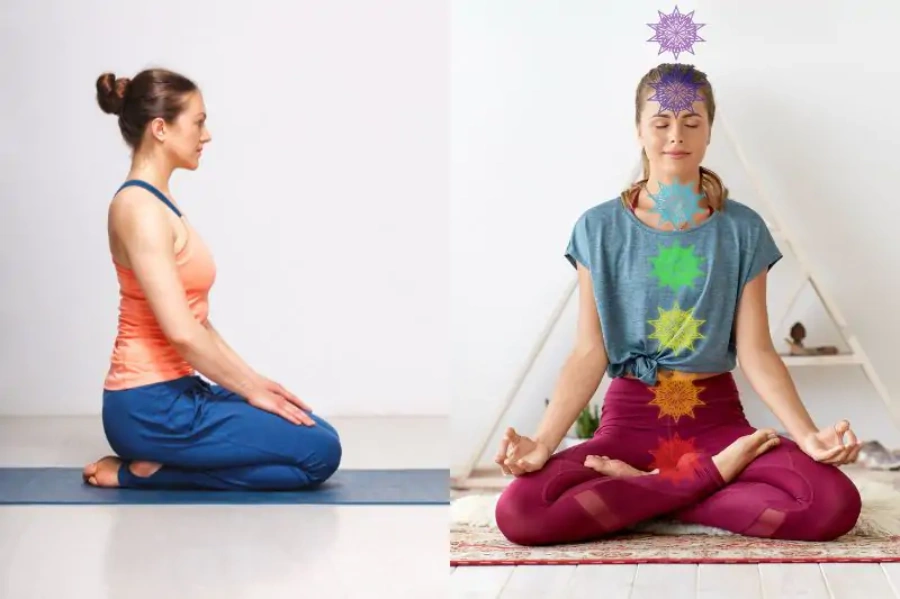 Side-by-side comparison of structured Ashtanga yoga practice and spiritual Kundalini yoga session with chanting