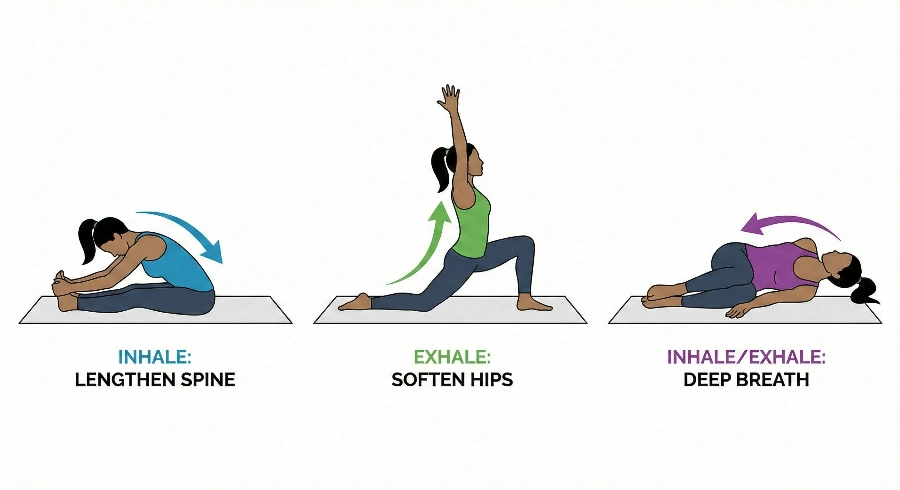 Sequence showing gentle therapeutic yoga movements including cat-cow and supported forward fold with breathing cues