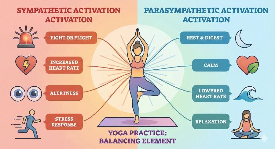 Diagram showing sympathetic and parasympathetic nervous system responses in body with therapeutic yoga as the balancing mechanism