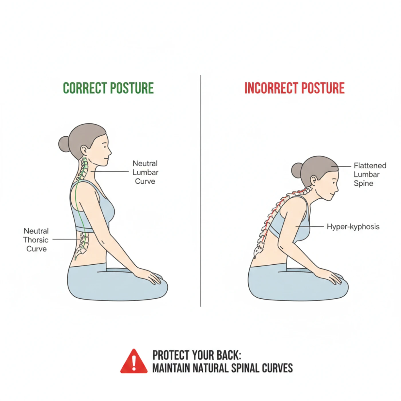 Neutral spine awareness for yoga showing natural spinal curves and correct alignment in different poses for back pain safety