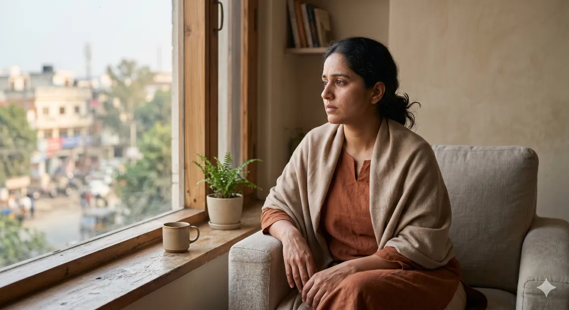 Woman looking contemplative by the window — emotional impact of PCOS