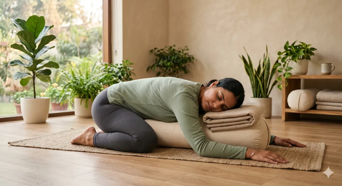 Woman in supported Child's Pose for nervous system reset and PCOS emotional support