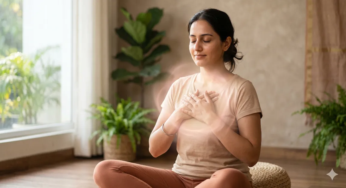 Woman practising heart-centred meditation for PCOS anxiety and emotional healing