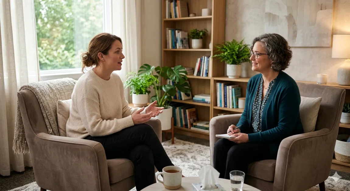 Woman in therapy session for PCOS-related anxiety and depression