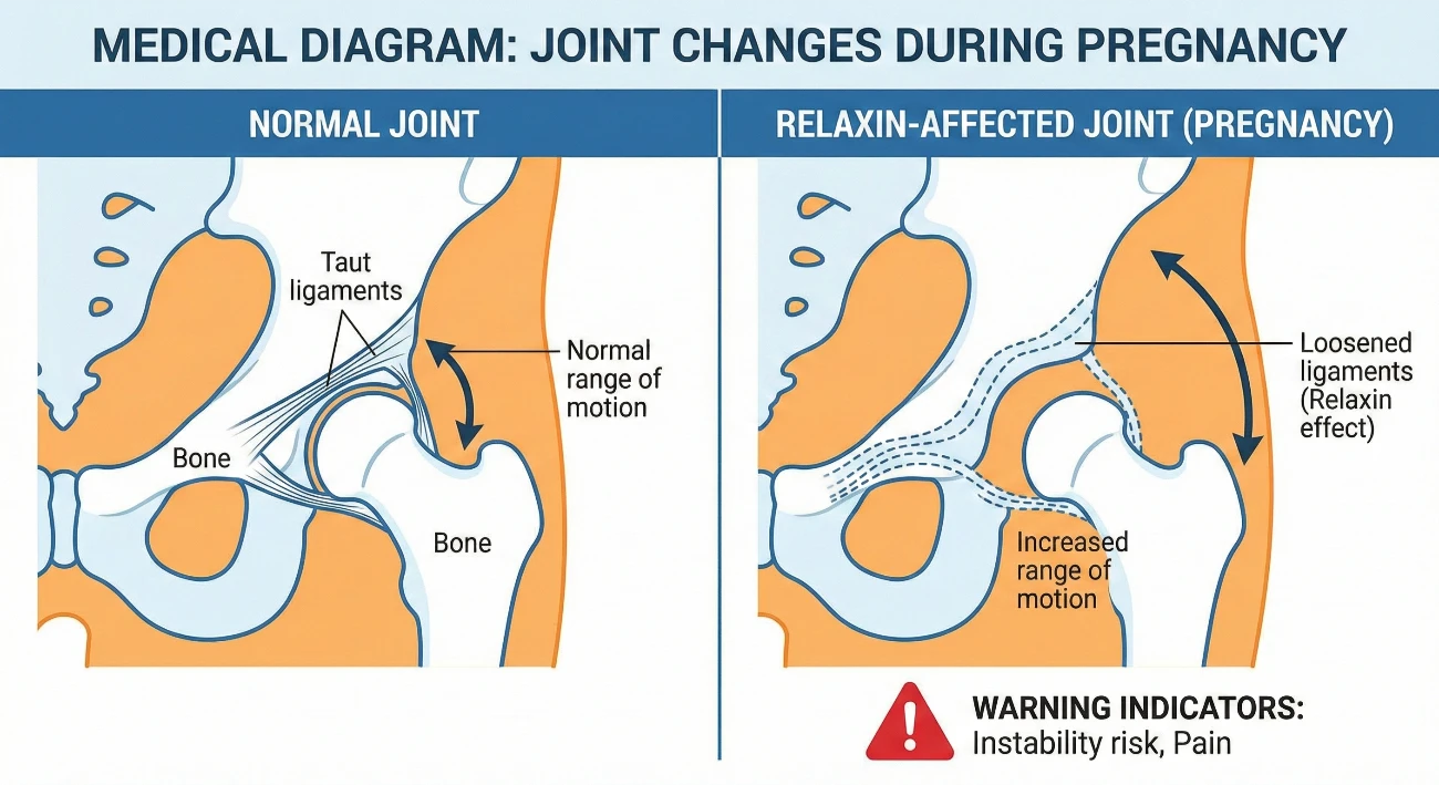 Educational anatomy diagram comparing stable joint structure to pregnancy relaxin affected joint showing ligament laxity and overstretching risks in prenatal yoga