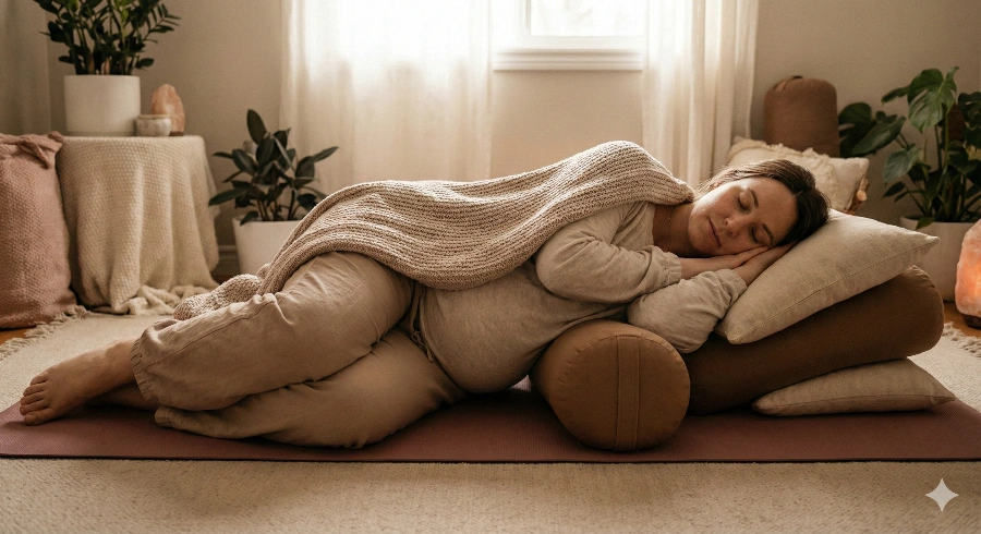 Expecting mother in fully supported side lying relaxation pose for pregnancy anxiety relief showing proper cushion placement and complete body release technique