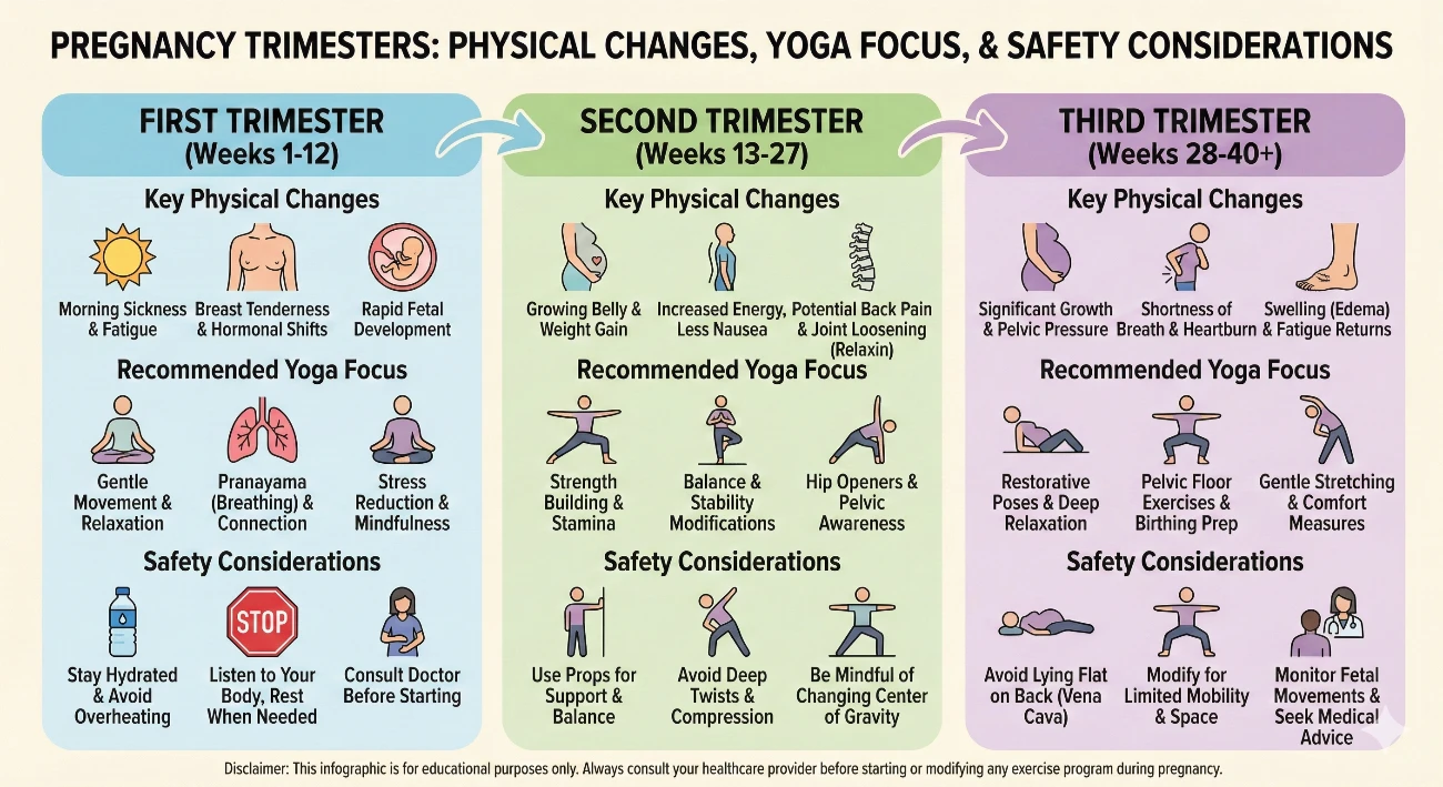 Visual pregnancy timeline showing trimester by trimester changes in body and corresponding yoga practice modifications from first to third trimester