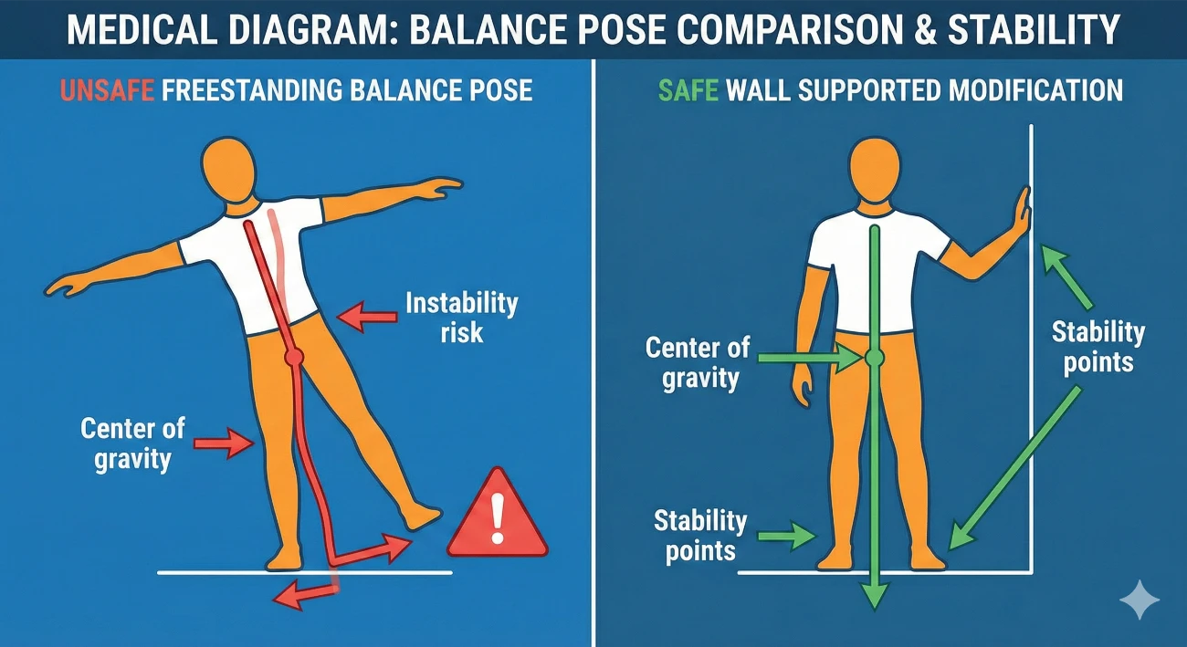 Pregnancy yoga safety comparison displaying risky unsupported balance pose next to safe wall supported tree pose showing proper fall prevention modifications