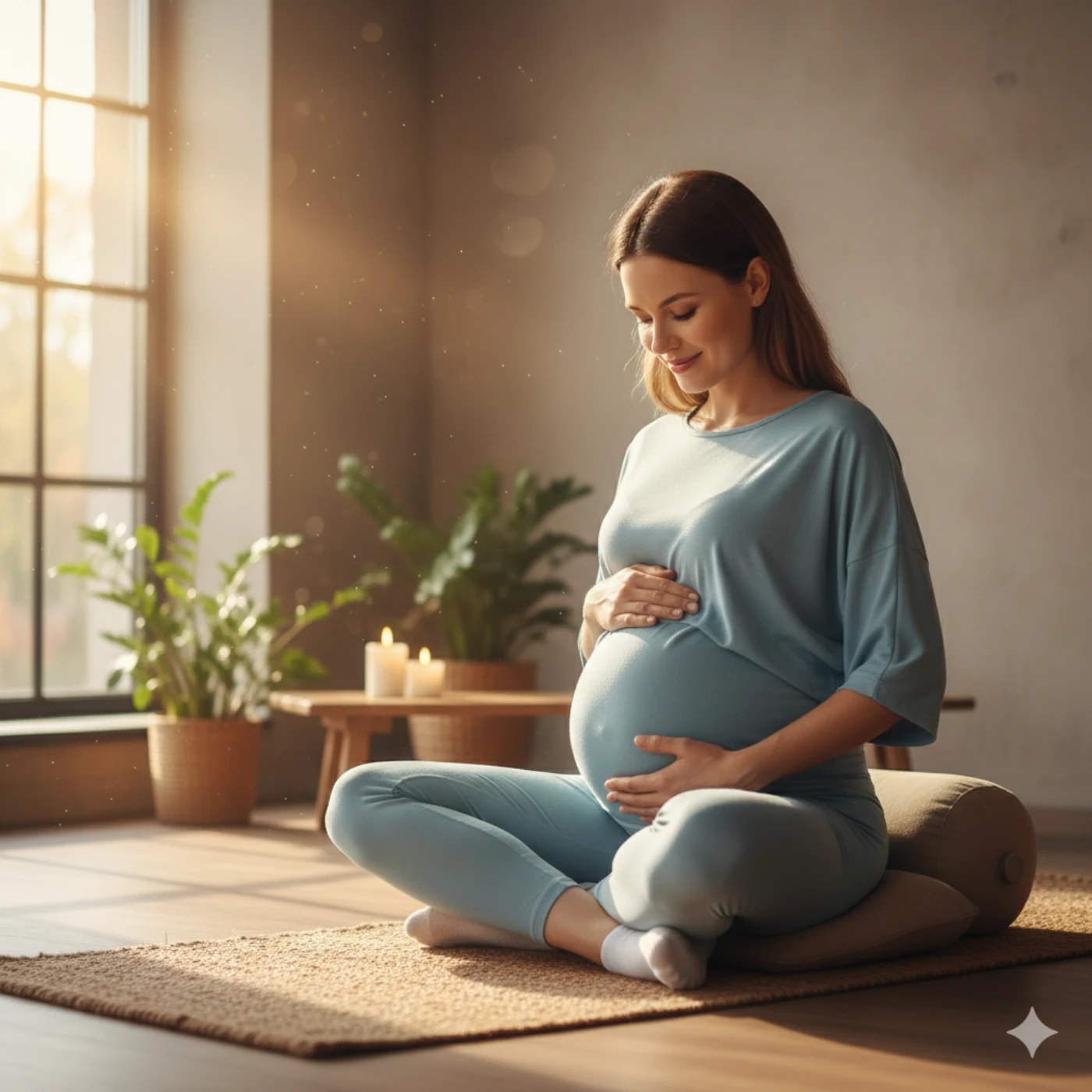 Expectant mother performing safe prenatal yoga stretch while placing hands on belly in bonding moment during pregnancy yoga practice