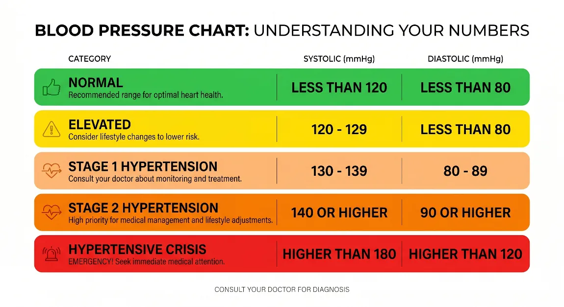 Blood pressure chart showing normal, elevated, Stage 1 and Stage 2 hypertension ranges