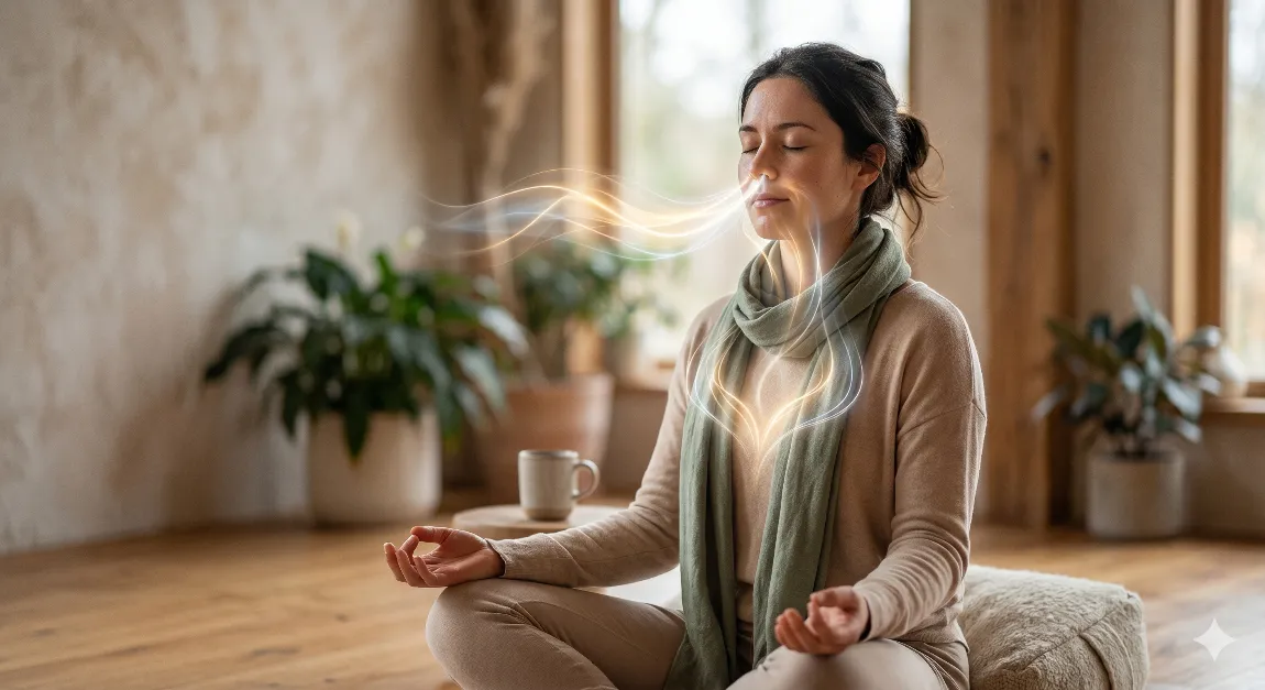 Woman practising meditation and breathing for high blood pressure management