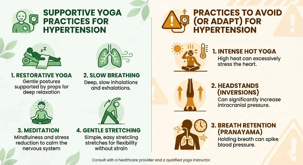 Infographic showing supportive yoga practices vs practices to avoid for hypertension