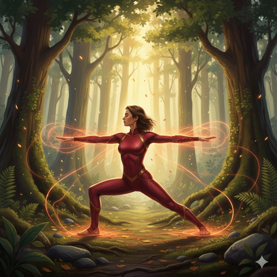Person practicing grounding yoga pose with balanced glowing red aura in nature setting
