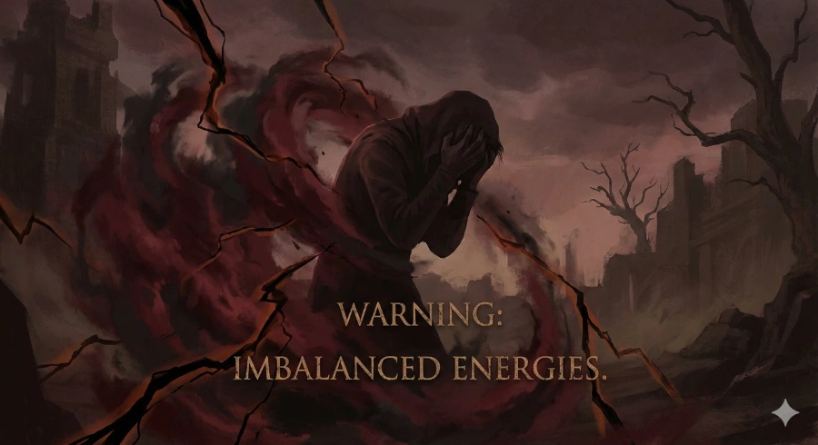 Imbalanced dark red aura with chaotic swirling energy around a stressed figure