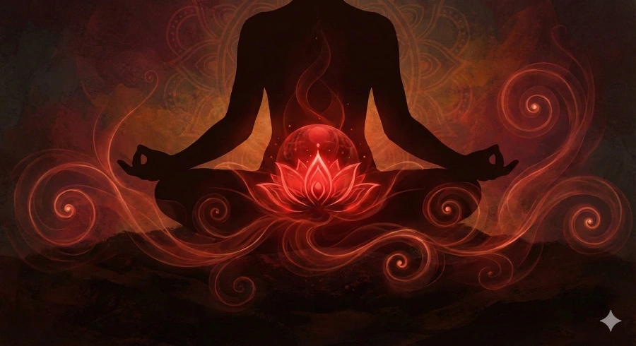 Human silhouette with glowing red aura energy field radiating outward against dark background