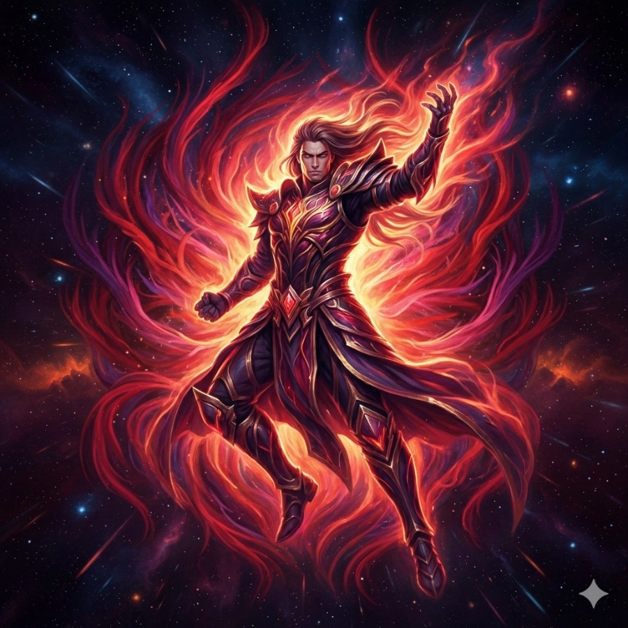 Confident person with red aura energy showing leadership and physical strength