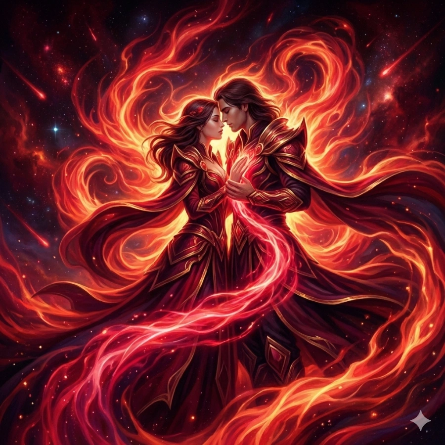 Two people connected by intertwining red aura energy representing passion and deep emotional connection