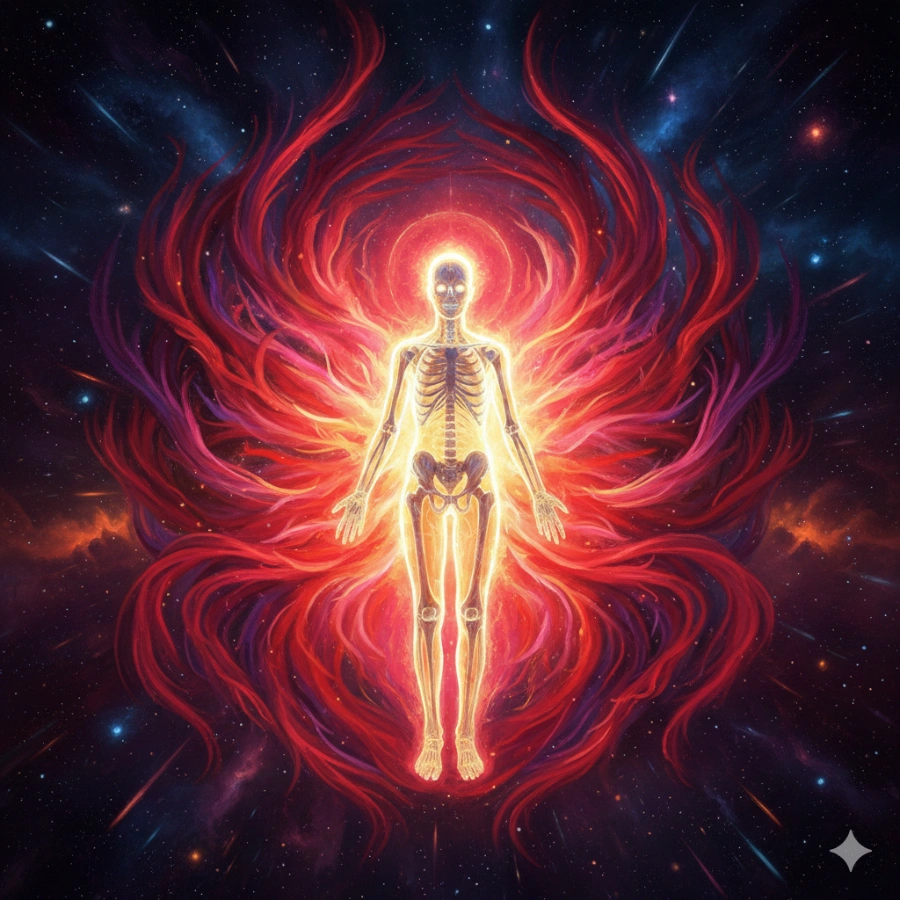 Meditating figure with glowing red root chakra energy at the base of the spine